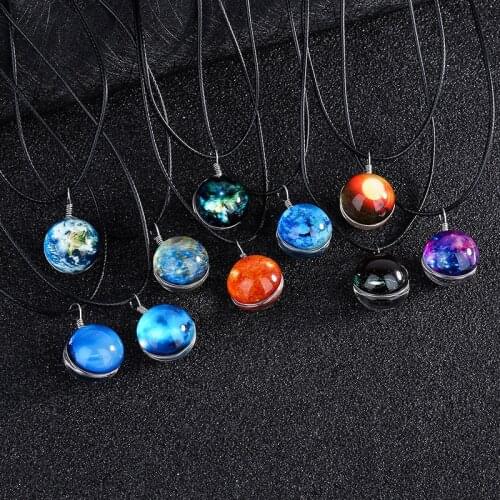 Solar System Planet Crystal Stars Ball Glow In Dark Double Sided Glass Galaxy Black Leather Chain Necklace For Womem Mens Gift