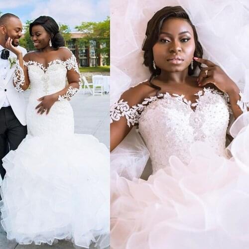 Illusion Long Sleeve Wedding Dress Ruffles Skirt Bridal Gown Vestido de Noiva with Delicate Beadings