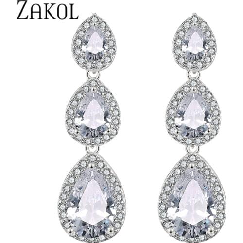 ZAKOL Fashion 3 PCS Water Drop CZ Zirconia Long Dangle Earrings for Women Bridal Wedding Party Crystal Jewelry FSEP2208