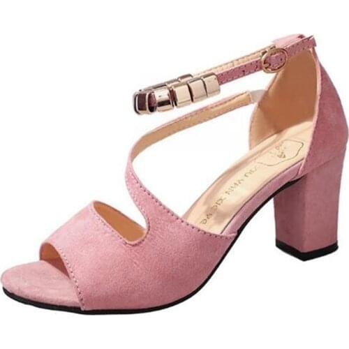 Women sandals Flock Buckle Strap 7CM Square heel High heels Peep Toe Shallow women shoes sandalias mujer 2020 size 35-42 black