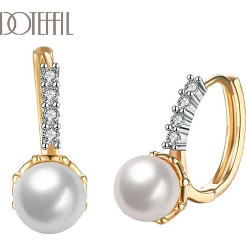 DOTEFFIL 925 Sterling Silver AAA Zircon 18K Gold Classic Pearl Earrings For Women Jewelry Fashion Wedding Engagement Party Gift