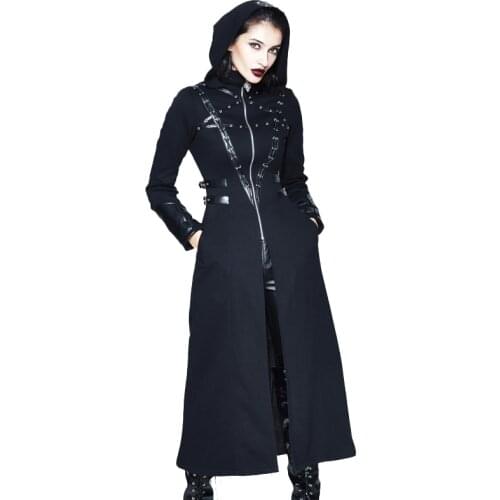 Winter Punk Coat Women Black Long Coats Gothic Skull Rivets Bandages Coats Devil Fashion Slim Turtleneck Coat