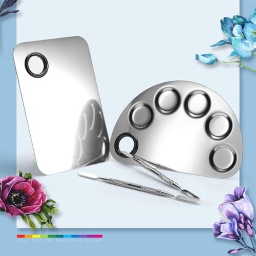 1 Set Stainless Steel Cosmetic Makeup Palette Mixing Makeup Salon Color Cream Polish Mixing Palette With A Spatula 2 Styles F4G3