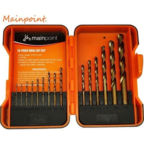 15Pcs HSS Twist Drill Bits SAE High Speed Steel 6542 Golden Metalworking 1/16"-3/8" Multifunctional Power Drill Bits Tools Sets