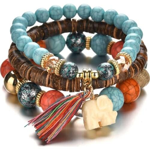 3Pcs/set Wooden Beads Bracelets For Women Bohemia Elephant Tassel Charm Bracelets & Bangles Set Boho Vintage Jewelry