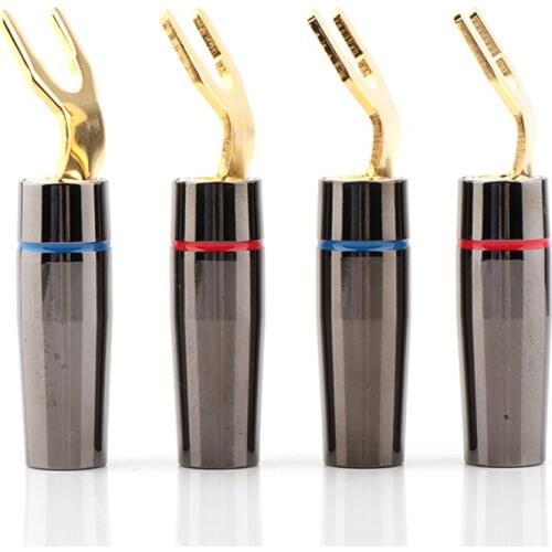 4PCS hi end audio Y spade plug Pure copper 24K Gold Plated Spade Plug HIFI Fork Plug Screw Locking Spade Connector
