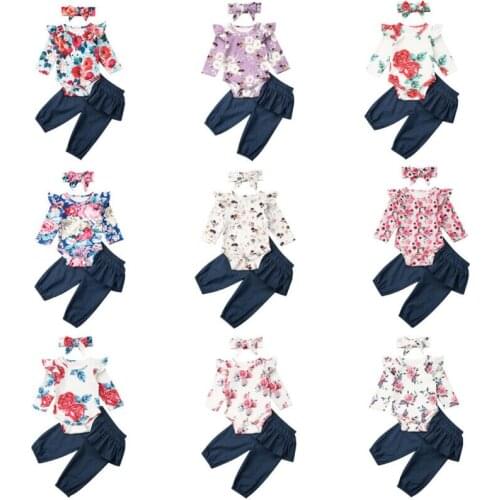 9 color Newborn Baby Girl Clothes Infant Girl Floral Outfit Clothes Suit Flower Romper Tops+Pants+Headband 2pcs Set