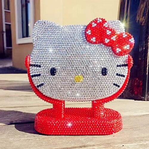 Diamond Mirrors Handmade Helloo Kitty Rhinestone Car Interior Decoration Bling Vanity Mirror for Home Cute Kitty Cat Crafts