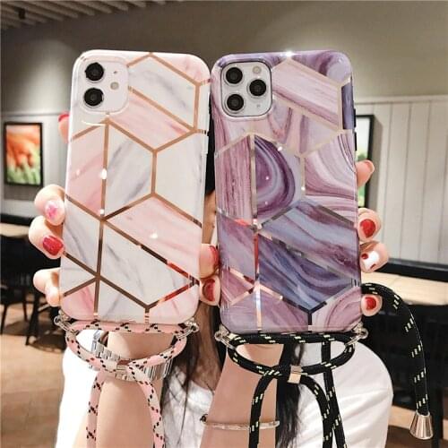 Diamond Plating Necklace Strap Rope Case For iPhone 12 11Pro Max SE2020 7 8 Plus 11Pro Lanyard Neck Cord Soft IMD Back Cover