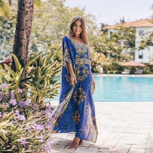 MAXI Long dress Bohemian Style Floor Length Batwing Short Sleeve Morocco Vacation Holiday Kaftan Ethnic Culture Print LooseDress