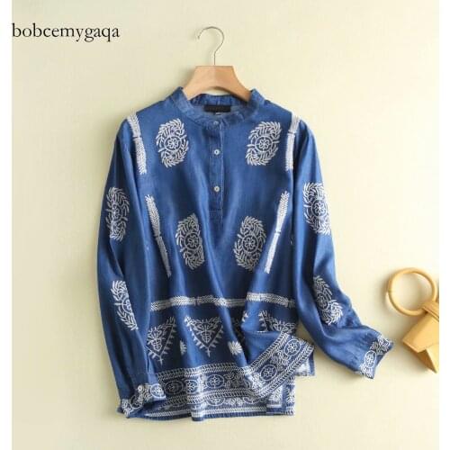 Tencel denim blouse shirt women embroidery soft jeans shirt long sleeve o neck blue casual loose tops cotton blouse clothes