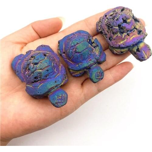 Beautiful 1PC Raw Natural Sphalerite Cluster Tortoise Shaped Electroplated Titanium Aura Carved Stone Natural Quartz Crystals