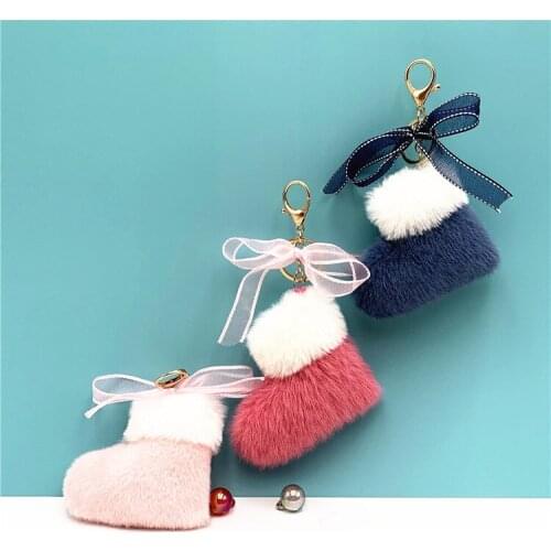 Creative Plush Christmas Boots Keychain Cute Bow Bag Pendant Cartoon Plush Car Key Chain Ring Happy New Year Gift Accessories