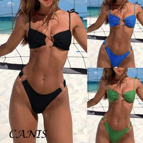 Hot Summer Women Solid Swimwear Bandage Bikini Set Push-up Padded Bra Bathing Suit Female Holiday Beach Ring Swimsuit Outfits