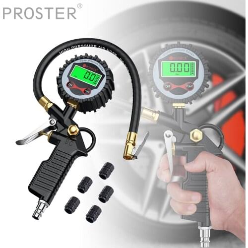 Proster 200 PSI Pistol Style Digital Tire Pressure Gauge LCD Tire Inflator Gauge Vehicle Monitor Tool with Rubber Hose Valve Cap