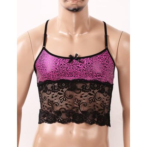 Mens Sissy Lingerie Leopard Printed Erotic Tanks Adjustable Straps Lace Splice Camisole Crop Tops Nightwear Gay Sexy Underwear