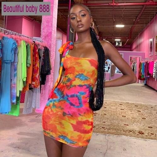 Meqeiss 2020 Skinny Print Sleeveless Dress Sexy Hot Tie Dye Women Bodycon Dress One Shoulder Bandage Fashion Party Mini Dresses