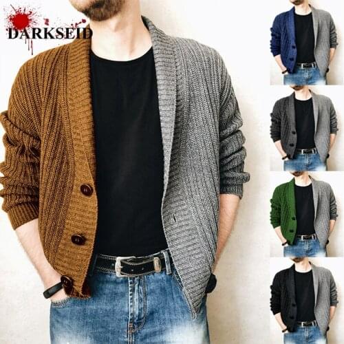 Mens Autumn and Winter Stitching V-neck Cardigan Sweater Loose Plus Size Coats