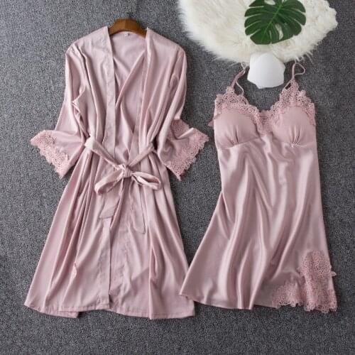 Yuzhenli Silk Stain Robe Nightgown Summer Lace Night Dress Sleepwear Nightie Homewear M L XL 2XL Lingerie Bathrobe Gown