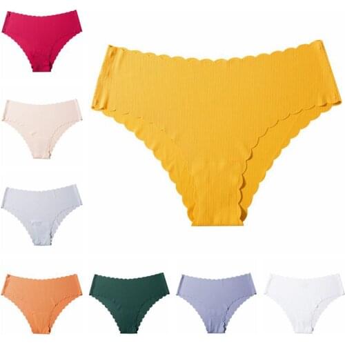 New European and American Candy Color Ruffled Wavy Low-waist Briefs One-piece Ice Silk Seamless Threaded Underwear Women