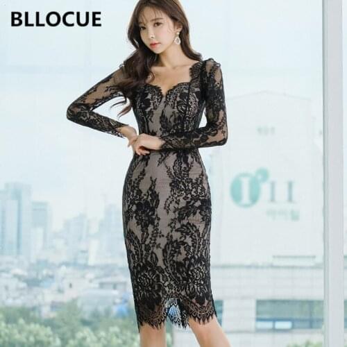 BLLOCUE 2020 Spring New Female Korean Perspective Lace Dress Sexy V-neck Long-Sleeved Slim Bottoming Dress