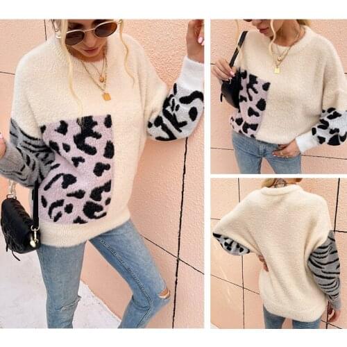 Autumn Winter Women New Color-block Wool Leopard Sweater O-Neck long Sleeve Casual Jumper Knitted Female Oversize Pullovers