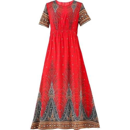 New Fashion Summer Long Floral Print Dress Women Elegant Dress Ladies Short Sleeve Round Neck Dress Large Size Female Vestido