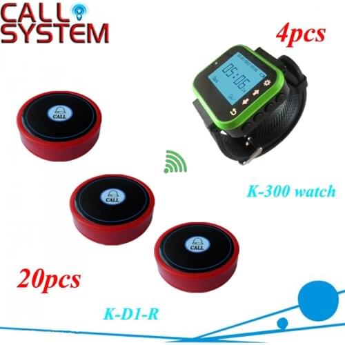 K-300plus wrist watch receiver and 20pcs table buzzer button with single-key Service call bell pager system