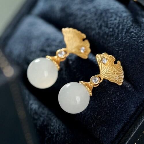 S925 Sterling Silver Ginkgo Leaf Ball Stud Earrings Natural Hetian Jade White Jade Earrings Simple Graceful Delicate Earrings Ea