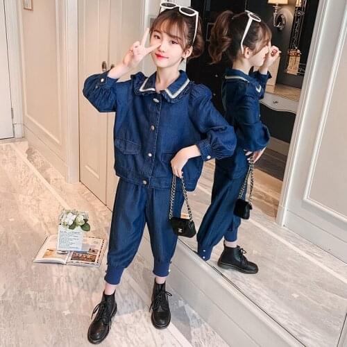 Blue Spring Autumn Baby Girls Suit Coat+ Pants 2pcs Kids Teenage Outwear Children Clothing High Quality