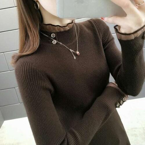 Womens Turtleneck Sweater Autumn Lace Inner Match Slim Top
