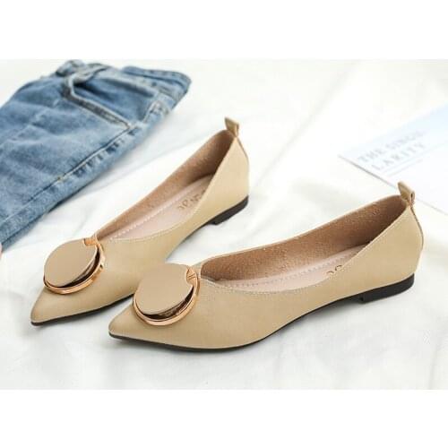 Metal Round buckle flats woman ballerina sneakers soft leather grandma shoes women moccasins pointed toe shallow slip on loafers