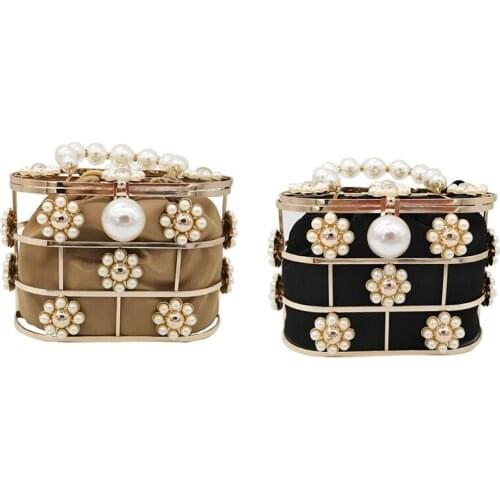 Pearl Evening Clutch Bag,Hollow Out Flowers Beaded Metallic for Women