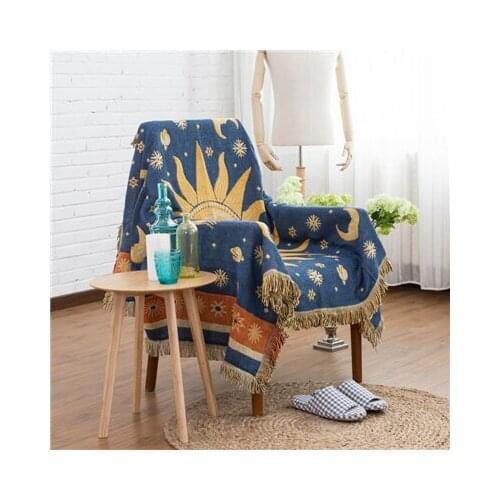 Vintage Sun God Jacquard Knitted Throw Blanket Tassel Chunky For Sofa Blanket Cotton Sun Moon Cover Towel Decor Home Textile