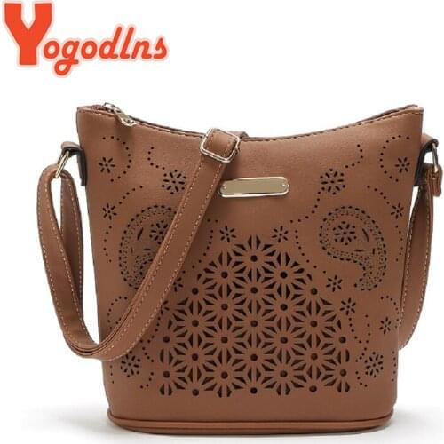 Yogodlns Vintage Hollow Out Crossbody Bag For Women PU Leather Bucket Bag Wild Shoudler Bag Brand Messenger Bag Designer Purse