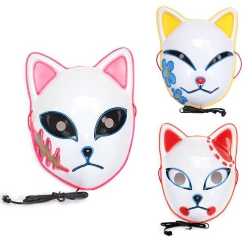 Unisex Funny LED Luminous Mask Halloween Flash Mask Japanese Anime COS Cosplay Ghost Blade Props Foxes Cat Face Mask