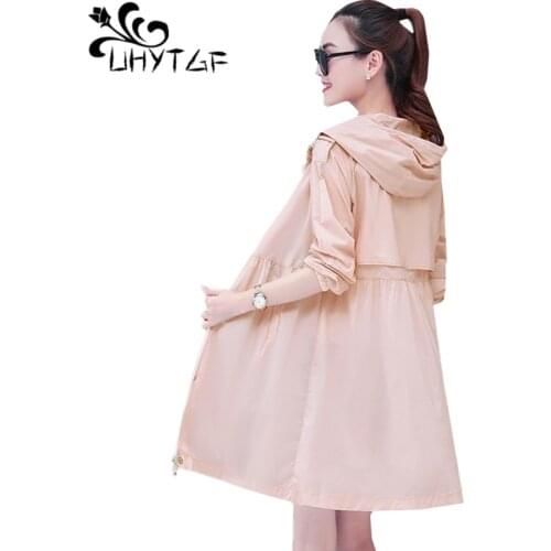 UHYTGF Loose plus size top women fashion hooded Anti-UV summer sun protection clothing long sleeves soft casual thin jacket 1598