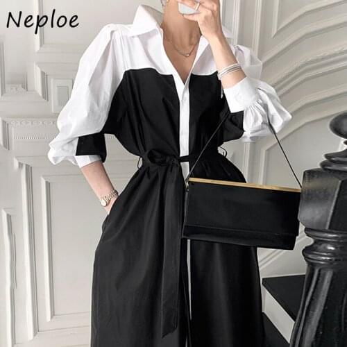 Kuzuwata Hit Color Patchwork Ol Dress Women High Waist Hip Sashes A Line Vestidos Turn Down Collar Long Sleeve Robe Spring 2021