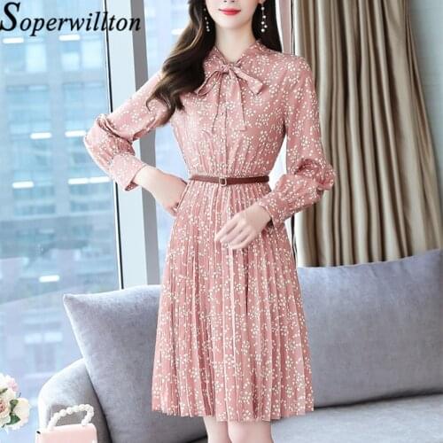 2021 Fashion Casual Chiffon For Women Long Sleeve Sweet Bow Pleated Button Pink Womens Dress Floral Print Midi Autumn Dresses