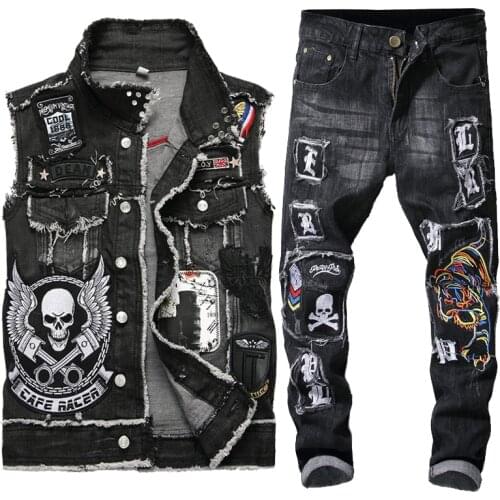 2020 Mens Motorcycle Sets Washed Black Embroidered Skull Two Piece Set Cowboy Vest + Frayed Tiger Badge Stretch Hole Jeans