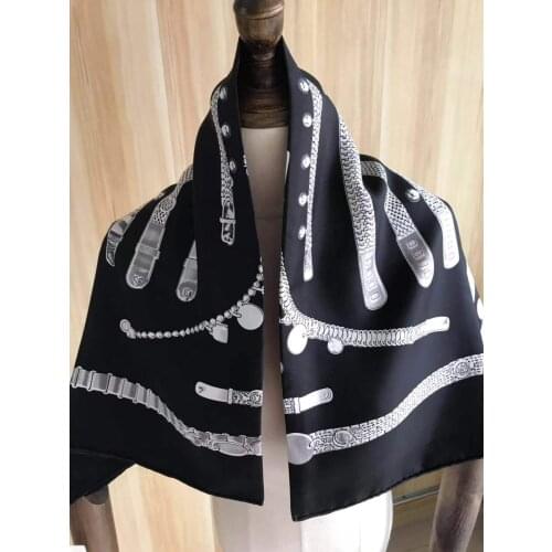 2021 new arrival winter spring classic black chain 100% real silk scarf twill hand made roll 90*90 cm shawl wrap for women lady