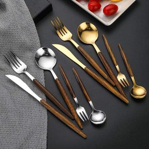 5 Pcs Gold Dinnerware Set 304 Stainless Steel Flatware Tableware Set With Wooden Handle Metal Knife Fork Spoon