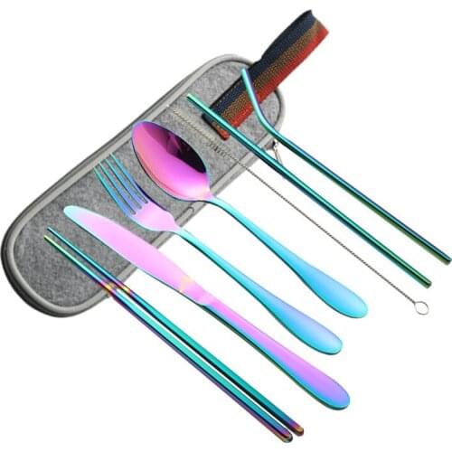 7pcs/lot Creative Stainless Steel Dinnerware Set Student Portable Tableware Spoon Fork Knife Chopsticks Sucker