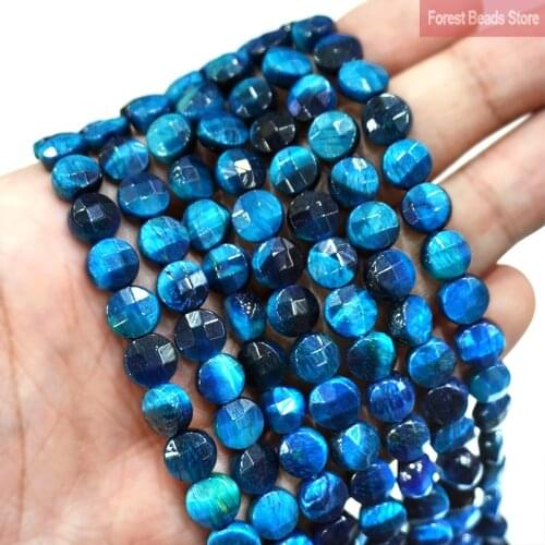 8MM Natural Stone Faceted Sapphires Blue Tiger Eye Agates Round Cake Shape Beads 15" for Jewelry Making DIY Bracelet Earrings