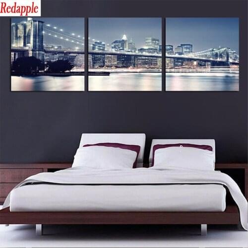 Diamond Mosaic Natural scenery, city night view bridge round drill Cross Stitch Diamond Painting Full Square Decor For Home3pcs