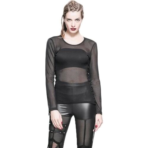 Gothic Men Women Black Mesh T-shirt Punk Net Long Sleeve Tops Transparent T Shirt Autumn Style Plue Size XXL Top TT035