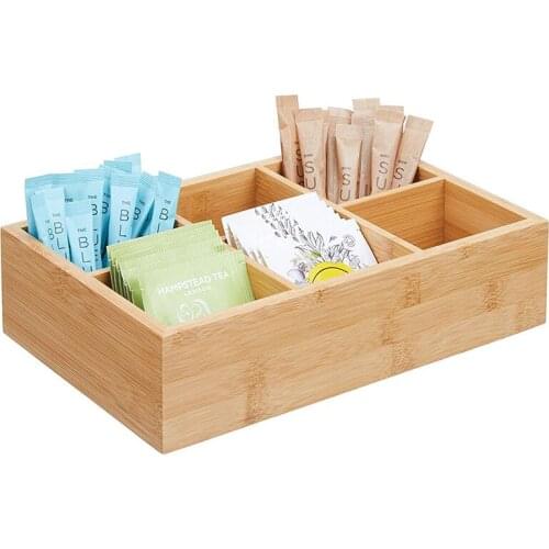 Bamboo Wood Compact Tea & Food Storage Organizer Bin Box 6 Divided Sections Holder for Tea Bags, Coffee, Packets, Sugar