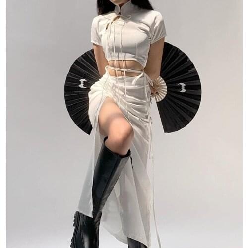 Summer Chinese Style Sexy Slim Bandage Dress Set Women Hollow Out Short Sleeve Crop Tops Drawstring Split High Waisted Skirts