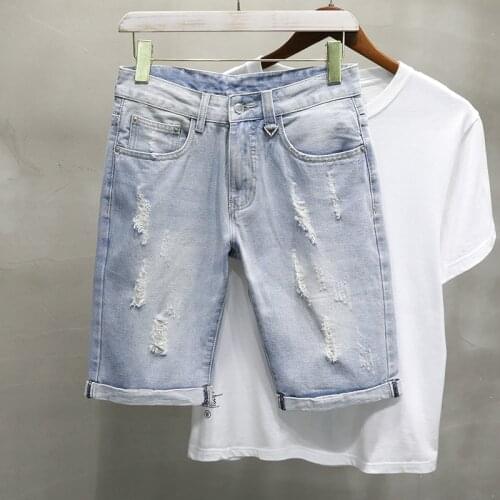 Mens trendy fashion brand straight loose denim shorts 2021 summer thin classic style casual all-match ripped five-point pants