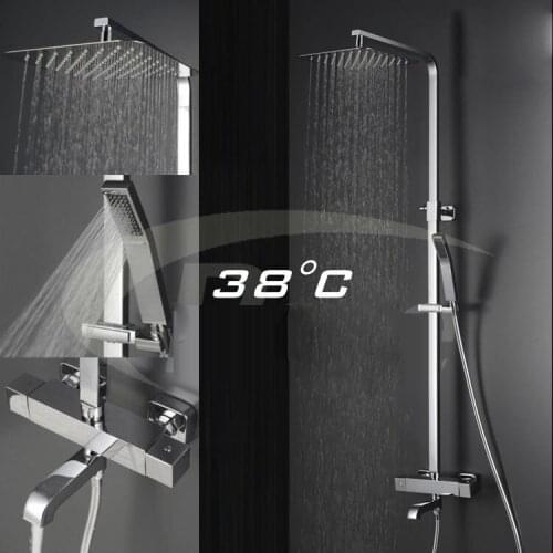 Wall Mounted Bath Tub rmostatic Massage Jets Shower Faucet with Handshower,ultra-thin square top spray Rain Waterfall Shower